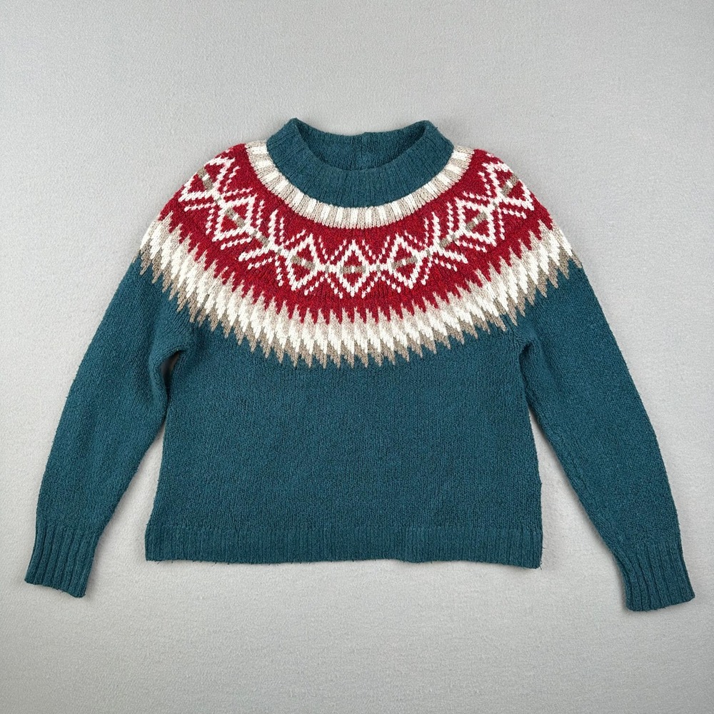American Eagle Sweater Women Medium Teal Blue Fair Isle Mock Neck Knit Pullover